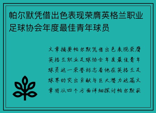 帕尔默凭借出色表现荣膺英格兰职业足球协会年度最佳青年球员